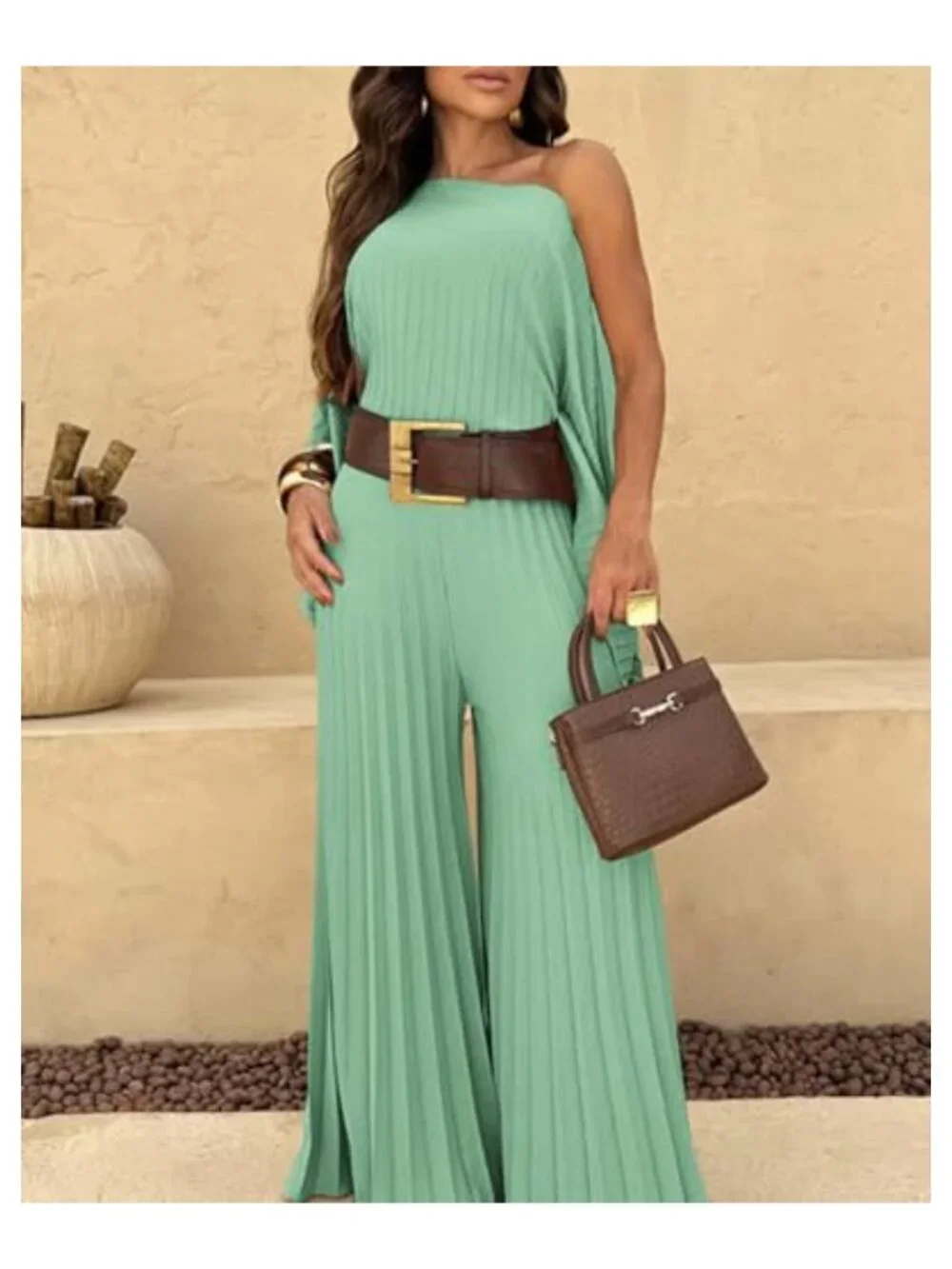 3 Piece Pleated Vacation Outfit Set with Crop Top, Bandeau & Wide Leg Pants